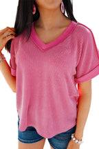 Rose Red Twisted Ribbed Knit Patchwork V Neck Casual Tee