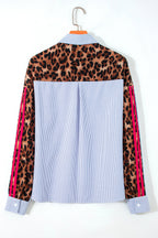 Sky Blue Stripe Contrasted Varsity Stripe Leopard Patchwork Button Down Shirt
