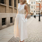 Women's French Minimalist Sleeveless Crew-Neck Midi Dress – White S–XXL