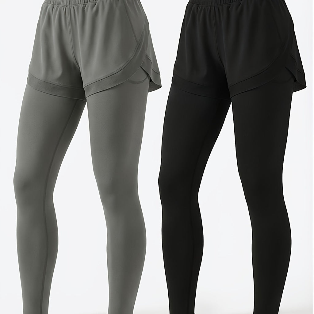 2pcs Faux 2pcs Athletic Pants Color-block Design with Built-in Pockets