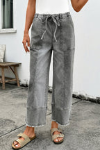 Prussian Blue Drawstring Seam Detail Raw Hem Wide Leg Denim Pants