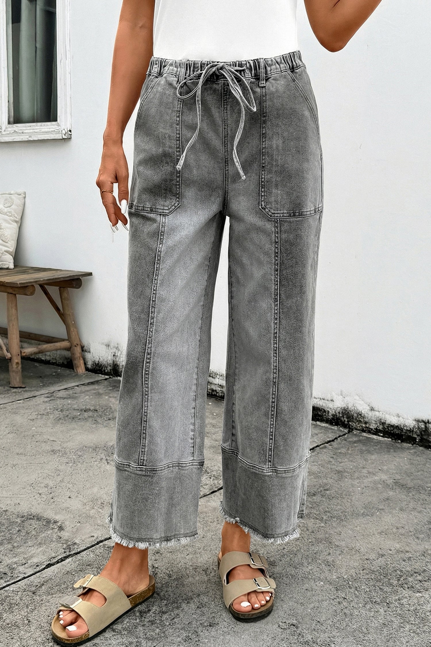 Prussian Blue Drawstring Seam Detail Raw Hem Wide Leg Denim Pants
