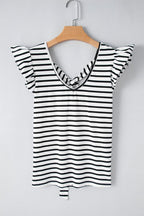 Stripe Butterfly Sleeve V Neck Knot Back T Shirt