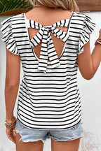 Stripe Butterfly Sleeve V Neck Knot Back T Shirt