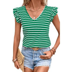 Stripe Butterfly Sleeve V Neck Knot Back T Shirt