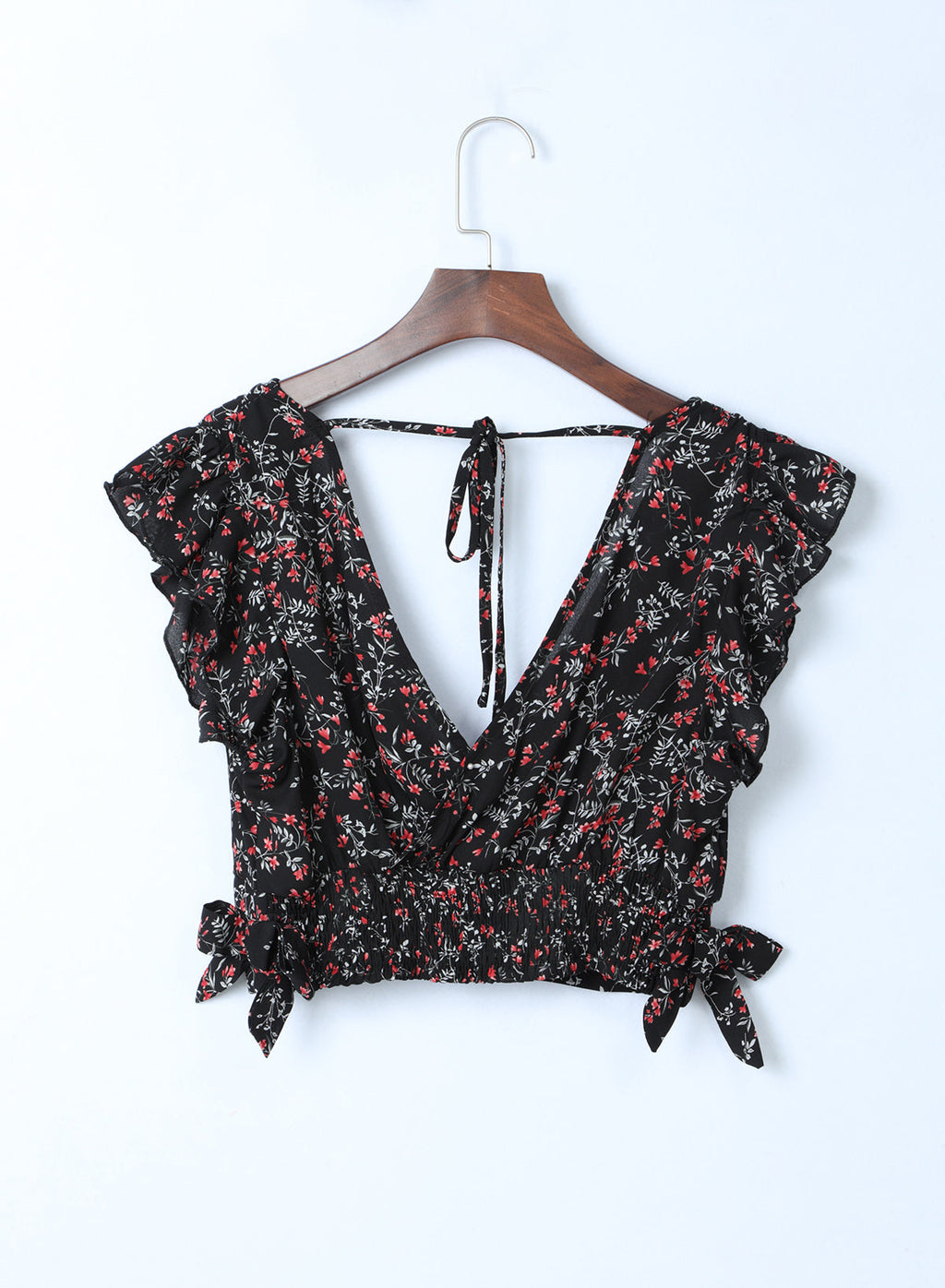 Black Multicolor Floral Ruffled Crop Top and Maxi Skirt Set