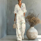 Women's Waist-Cinched V-Neck Printed Wide-Leg Jumpsuit
