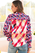 Rose Red Abstract Geometric Pattern Patchwork Puff Sleeve Blouse