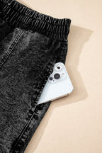 Black Drawstring High Waist Pocketed Denim Shorts