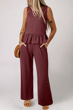 Red Dahlia Solid Color Ribbed Ruffle Tank Top and Pants Set