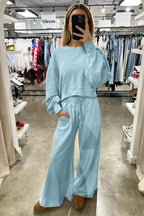 Flamingo Drop Shoulder Crop Pullover Drawstring Wide Leg Pants Set