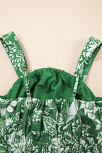 Green Floral Print Shirred Crop Top and High Waist Midi Skirt Set