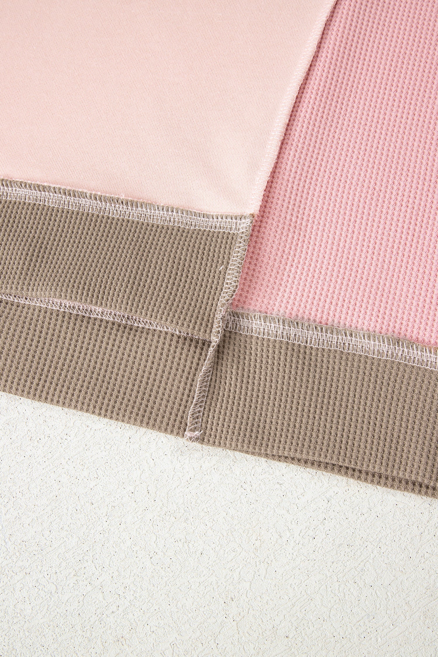 Light Pink Plus Color Block Waffle Patchwork Exposed Seam Baggy Sweatshirt