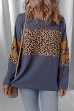 Dark Blue Leopard Colorblock Patchwork Drop Shoulder Top