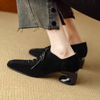 Women's Retro Sheepskin Square Toe Chunky Heel Pumps – Lace-Up Mid Heel