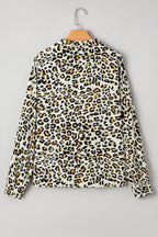 Khaki Leopard Print Long Sleeve Striped V Neck Top