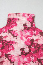 Rose Floral Mesh Flounce Sleeve Mock Neck Blouse