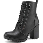 Dream Pairs Womens 7 Black Faux Leather Combat Chunky Heel Lace Up Ankle Boots
