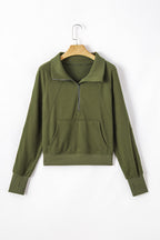 Smoke Green Quarter Zip Stand Neck Kangaroo Pocket Sweatshirt