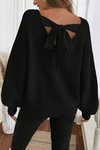 Jet Stream Ribbed Knit Ribbon Knot Backless Drop Shoulder Sweater
