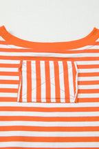 Orange Stripe Exposed Seam Drop Shoulder Casual Pullover Top