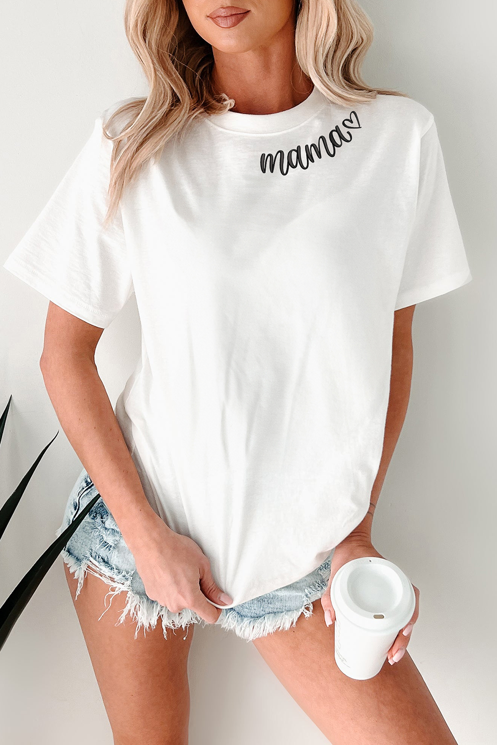 White mama Heart Print Crew Neck T Shirt