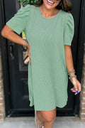 Bright Pink Corded Crew Neck Puff Sleeve Mini Dress