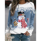 Snowman Printed Panel Loose Sweater – Casual Holiday Knit for Women