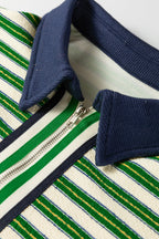 Dark Green Striped Print Contrast Collar Zip V Neck Long Sleeve Top