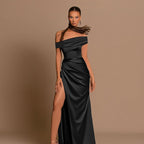 Elegant Off Shoulder Satin Slit Dress, Wedding Extra Long Formal Gown, Christmas Party Dress, Bridesmaid Dress