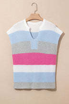Light Blue Color Block Notch V Neck Sweater T Shirt