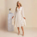 Floral Long Sleeve V-Neck Pleated Midi Dress – High Waist Flared Hem