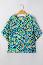 Pink Abstract Print V Neck Half Sleeve Loose Fit Tunic Blouse