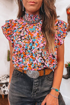 Orange Floral Print Shirred Stand Neck Flutter Shoulder Blouse