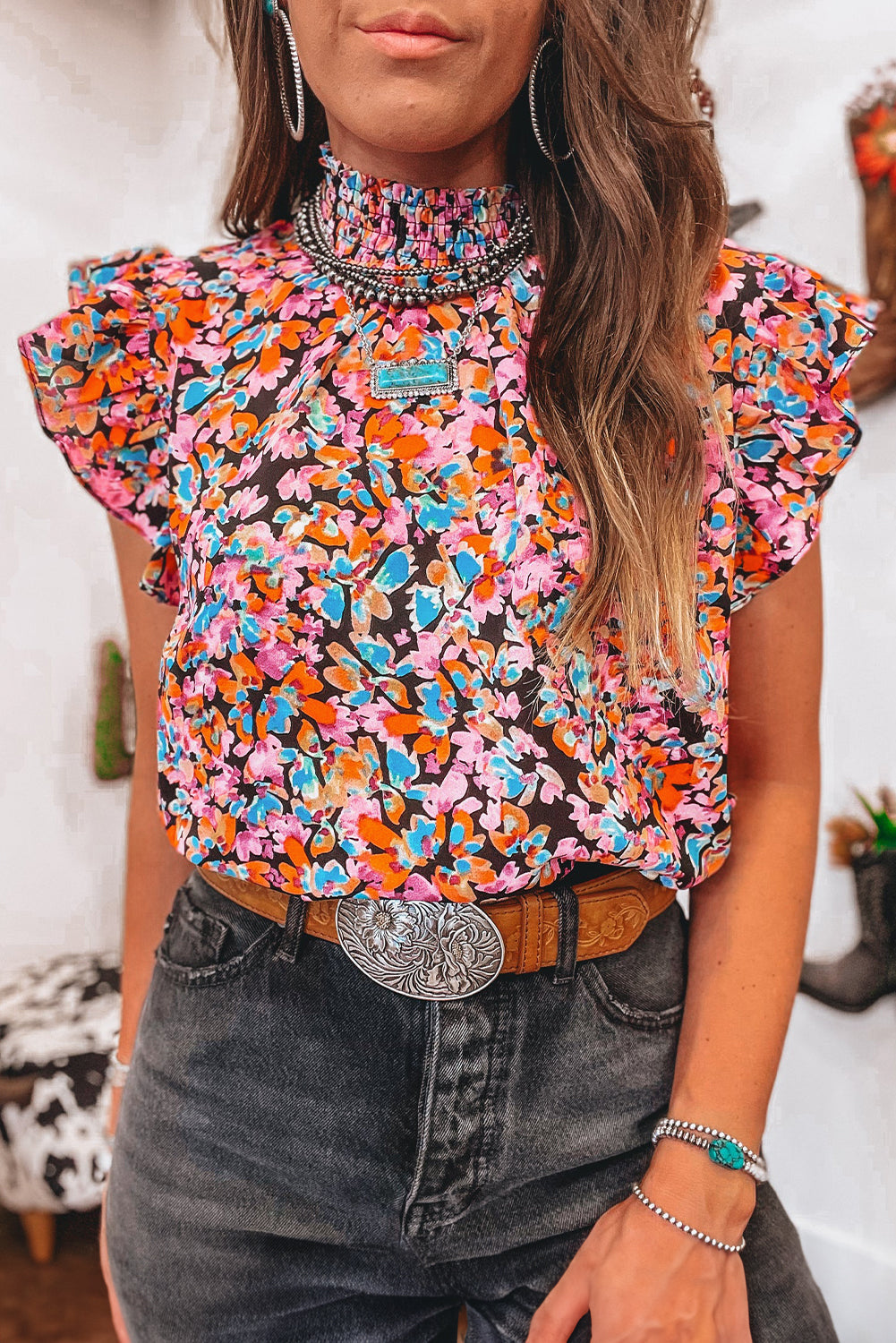 Orange Floral Print Shirred Stand Neck Flutter Shoulder Blouse