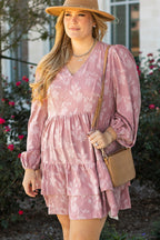 Peach Blossom Floral Surplice V Neck Tiered Ruffle Plus Size Dress