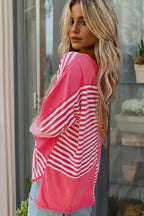 Pink Stripe Color Block Patchwork Drop Shoulder Long Sleeve Tunic Top