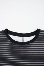 Black Stripe Ruffled Short Sleeve Crew Neck T Shirt Shift Mini Dress