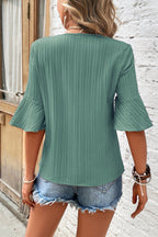Beau Blue Ruffled Short Sleeve V Neck Textured Blouse
