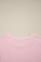 Pink Corded Knit Color Block Pocketed Crew Neck T Shirt