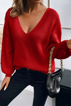 Coffee Lantern Sleeve V Neck Knot Back Sweater