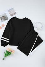 Mineral Red Varsity Stripe Patchwork Puff Sleeve Pullover Drawstring Wide Leg Pant Set