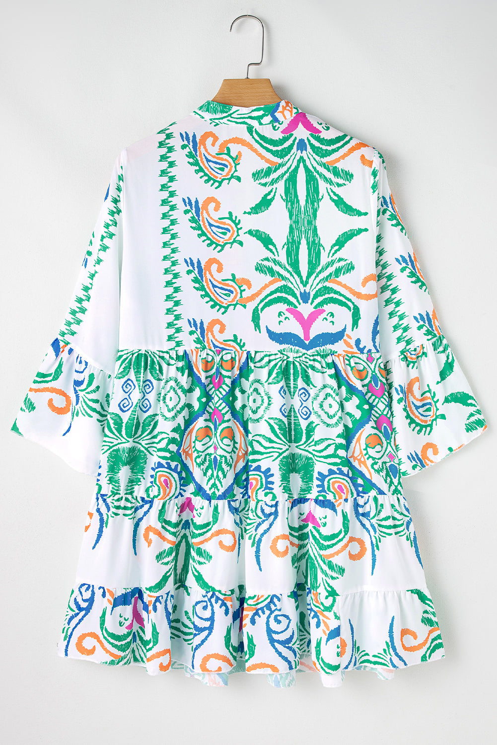 White Ethnic Print Boho Button Tiered Mini Dress