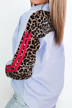 Sky Blue Stripe Contrasted Varsity Stripe Leopard Patchwork Button Down Shirt