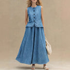 Women's Crew Neck Denim Vest Top & High-Waist A-Line Skirt Set – 3 Colors S–XXL