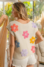 BiBi Multi Jeweled Crochet Flower Patch Sweater Vest