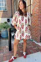 White Floral Print V Neck 3/4 Sleeve Loose Mini Dress