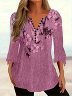 Women’s Printed Spike Button Three-Quarter Sleeve Casual Top