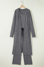 Delicacy 3pcs V Neck T Shirt Ribbon Knot Pants Open Duster 3pcs Lounge Set
