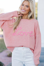 Pink Corded Love Script Graphic Baggy Sweater